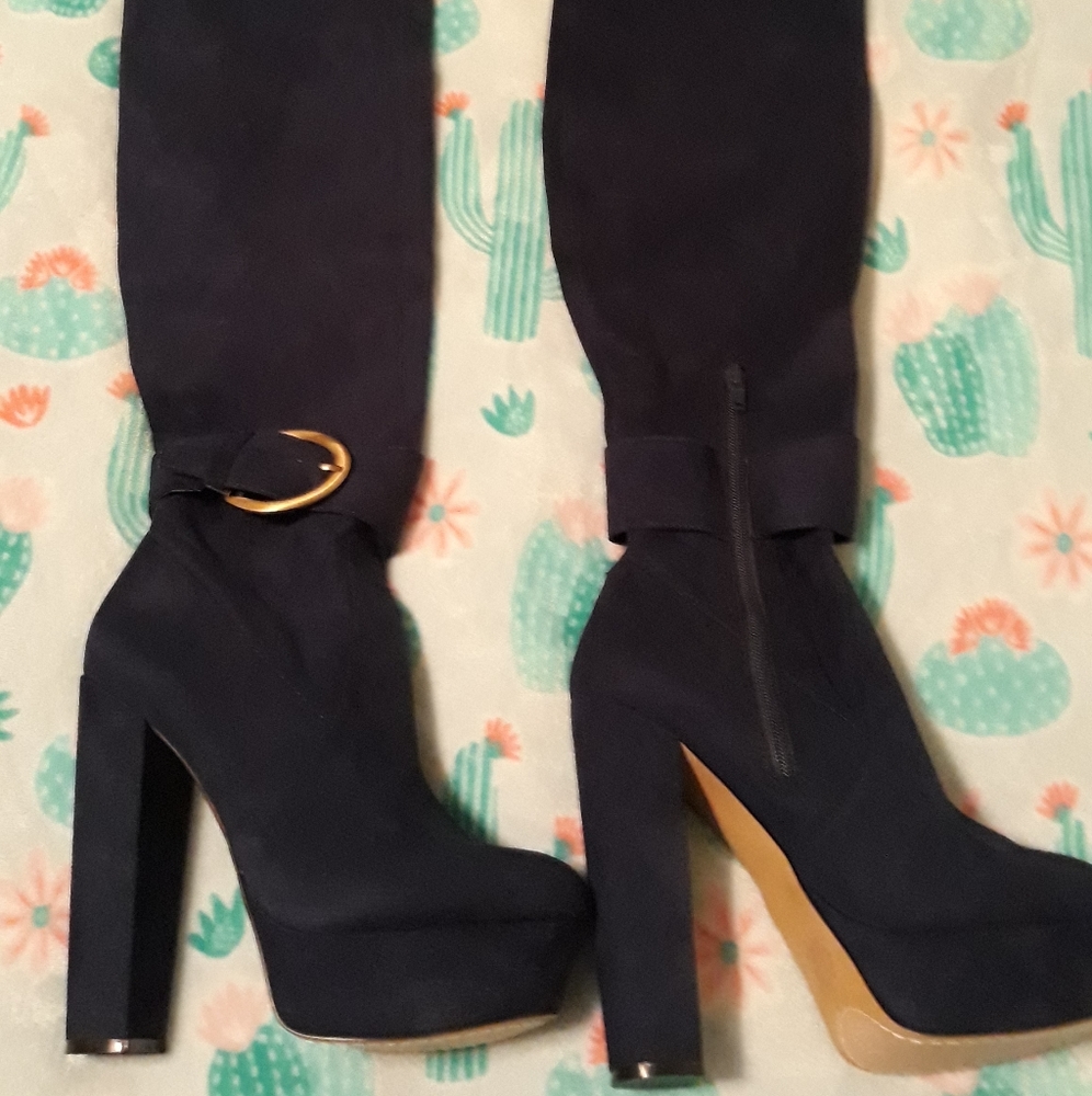 NavyBlue Suede Like Platform Boots - Over the Knee